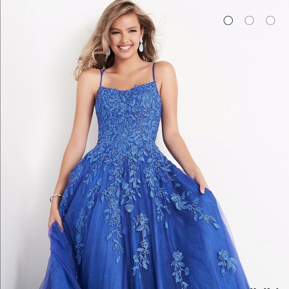 Embroidered Jovani JVN Cobalt Blue Prom Ball Gown